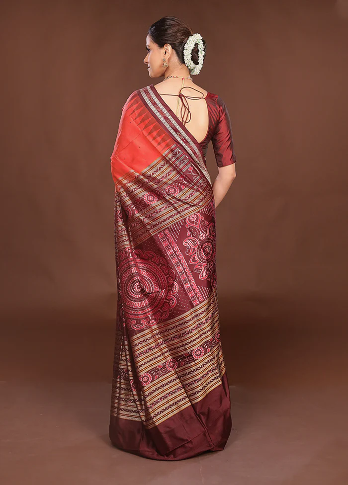 Red Handloom Bomkai Pure Silk Saree With Blouse Piece - Image 3