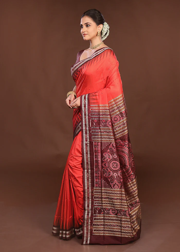 Red Handloom Bomkai Pure Silk Saree With Blouse Piece - Image 4