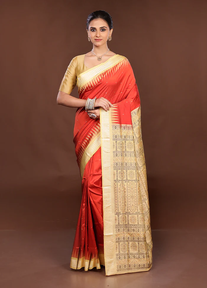 Red Handloom Bomkai Pure Silk Saree With Blouse Piece - Image 2