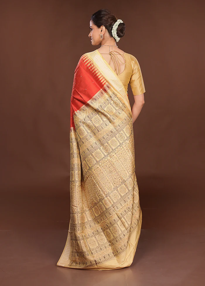 Red Handloom Bomkai Pure Silk Saree With Blouse Piece - Image 3