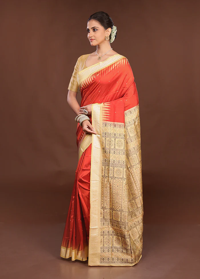 Red Handloom Bomkai Pure Silk Saree With Blouse Piece - Image 4