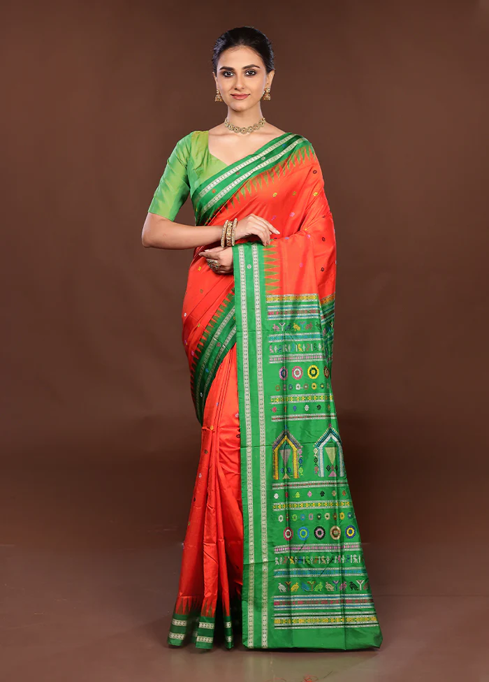 Red Handloom Bomkai Pure Silk Saree With Blouse Piece - Image 2