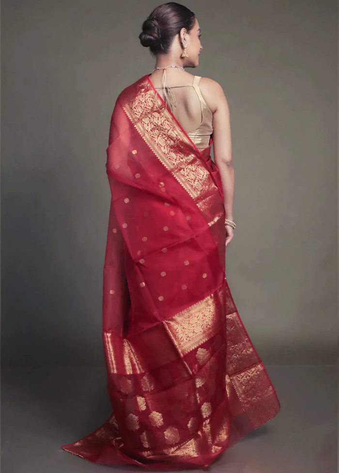 Red Handloom Chanderi Pure Cotton Saree With Blouse Piece - Image 3