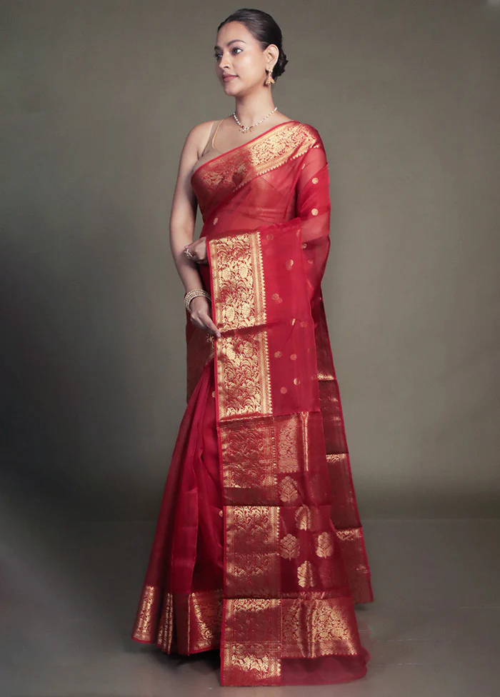 Red Handloom Chanderi Pure Cotton Saree With Blouse Piece - Image 4