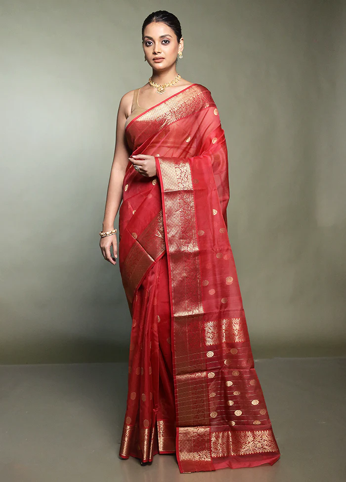 Red Handloom Chanderi Pure Cotton Saree With Blouse Piece - Image 2