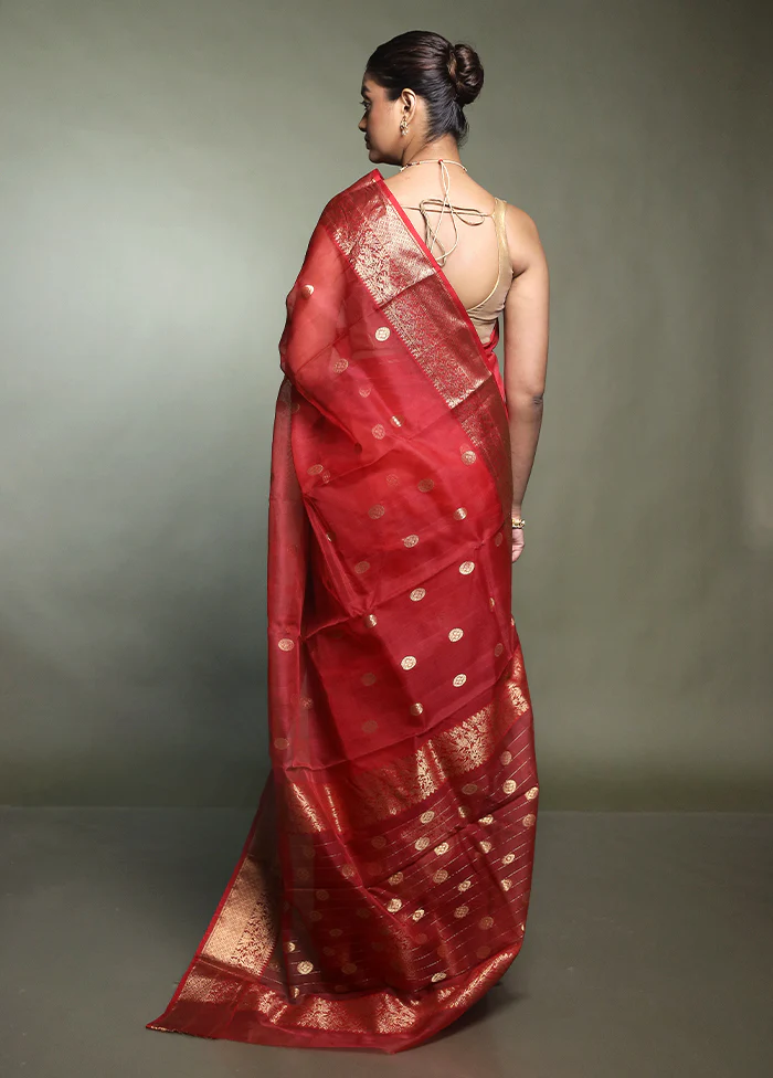 Red Handloom Chanderi Pure Cotton Saree With Blouse Piece - Image 3