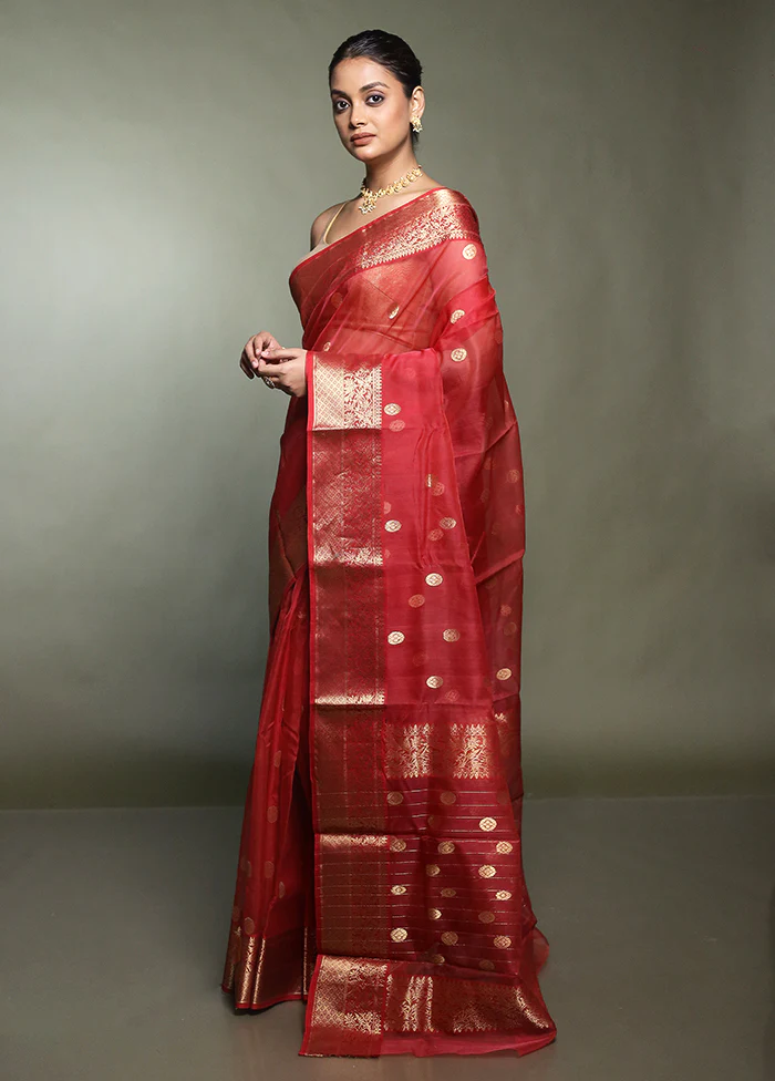 Red Handloom Chanderi Pure Cotton Saree With Blouse Piece - Image 4