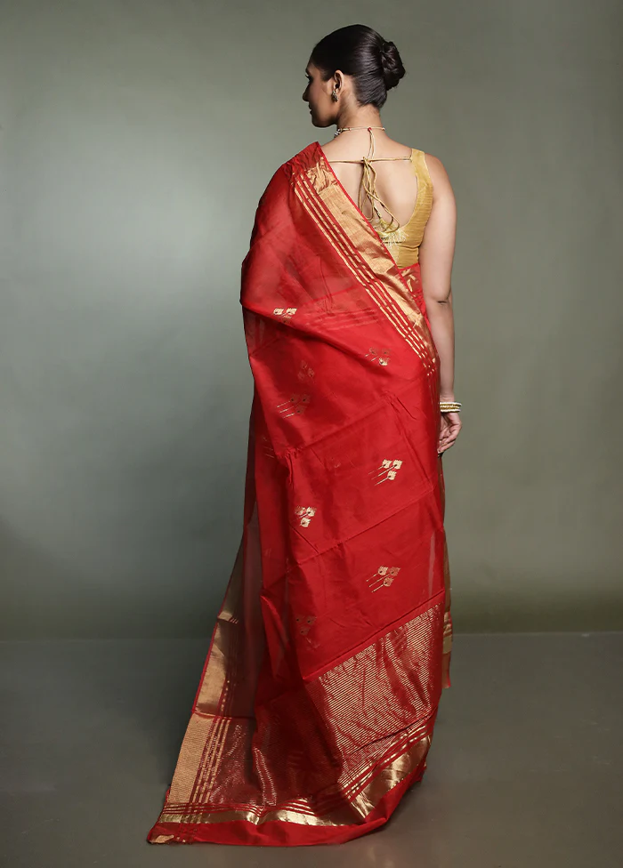 Red Handloom Chanderi Pure Cotton Saree With Blouse Piece - Image 3