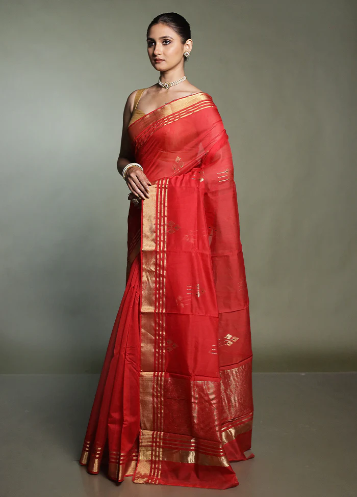 Red Handloom Chanderi Pure Cotton Saree With Blouse Piece - Image 4