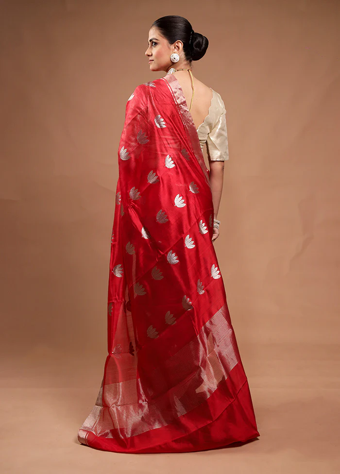 Red Handloom Chanderi Pure Cotton Saree With Blouse Piece - Image 3