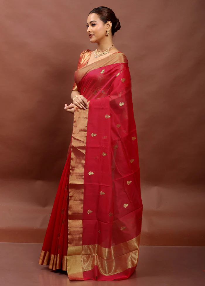 Red Handloom Chanderi Pure Cotton Saree With Blouse Piece - Image 4