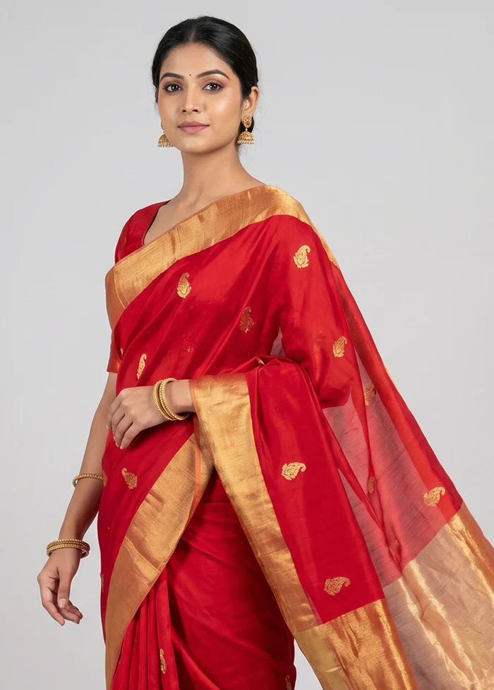 Red Handloom Chanderi Pure Silk Saree With Blouse Piece - Image 2