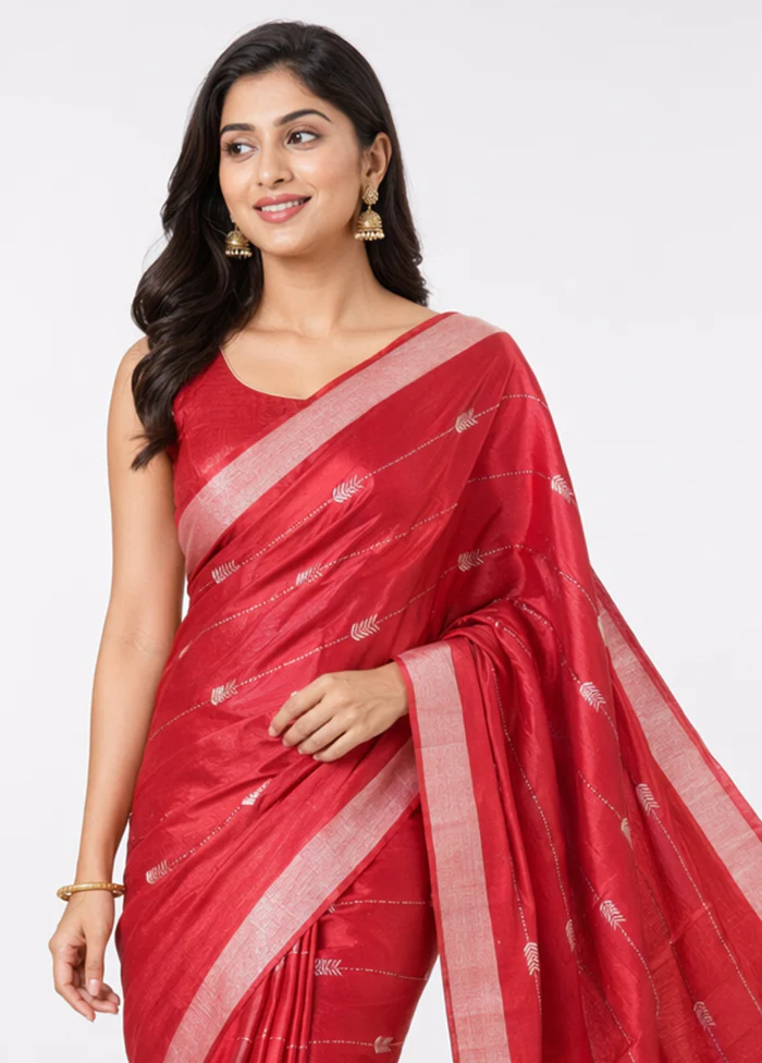 Red Handloom Chanderi Pure Silk Saree With Blouse Piece - Image 2