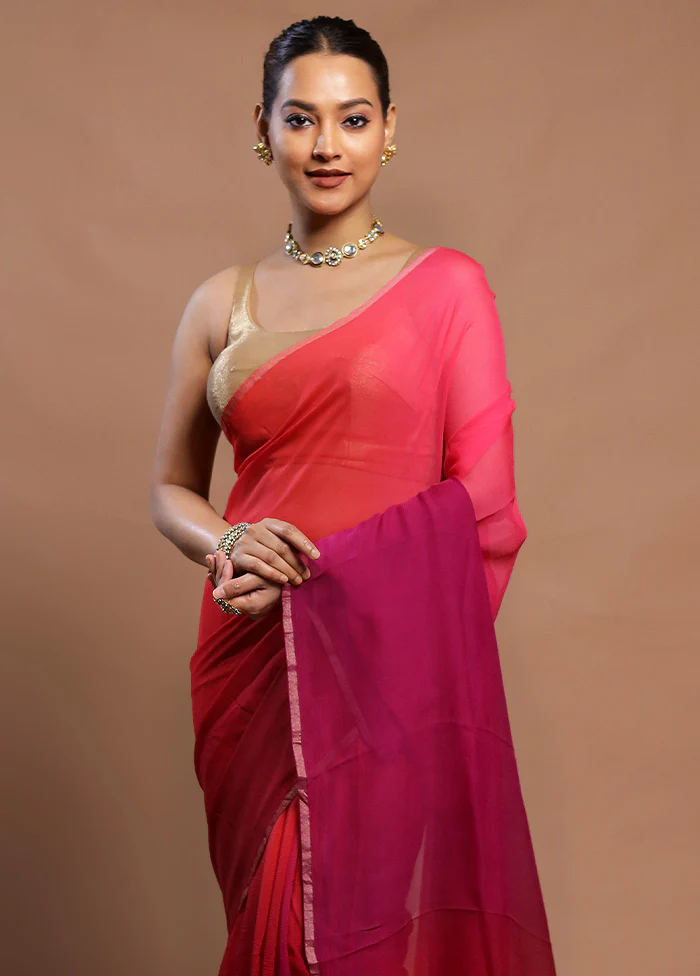 Red Handloom Chiffon Pure Silk Saree With Blouse Piece - Image 2