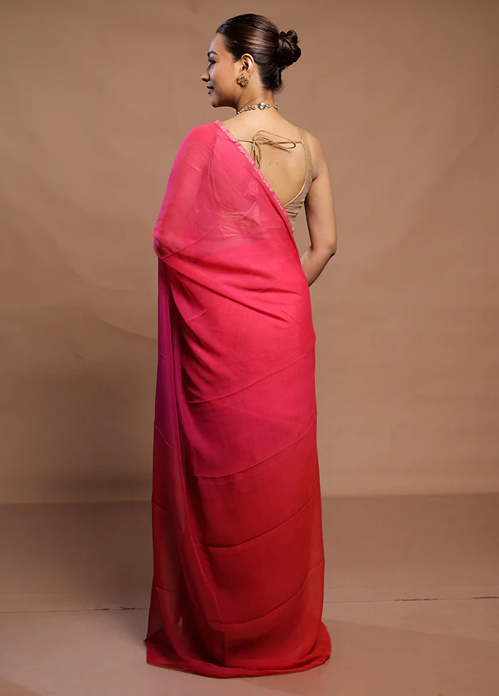 Red Handloom Chiffon Pure Silk Saree With Blouse Piece - Image 3