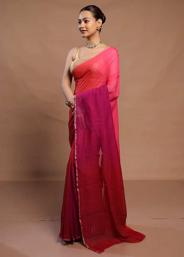 Red Handloom Chiffon Pure Silk Saree With Blouse Piece - Image 4