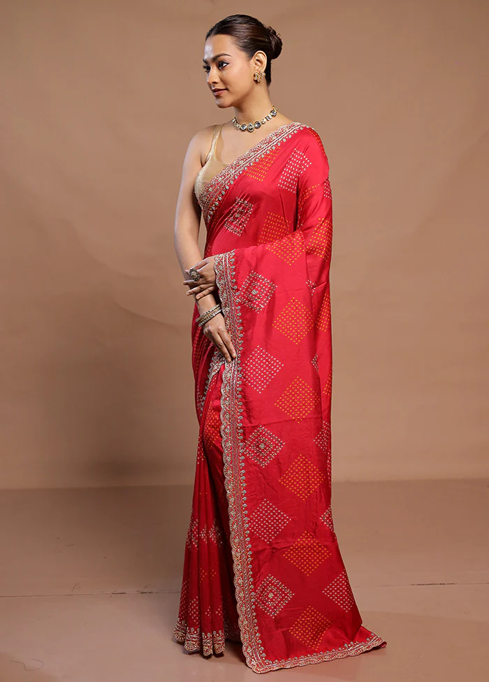 Red Handloom Chiffon Pure Silk Saree With Blouse Piece - Image 4