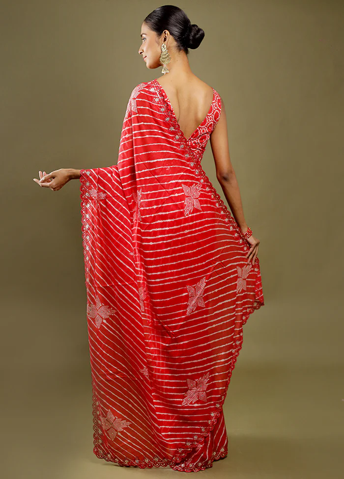 Red Handloom Chiffon Pure Silk Saree With Blouse Piece - Image 4