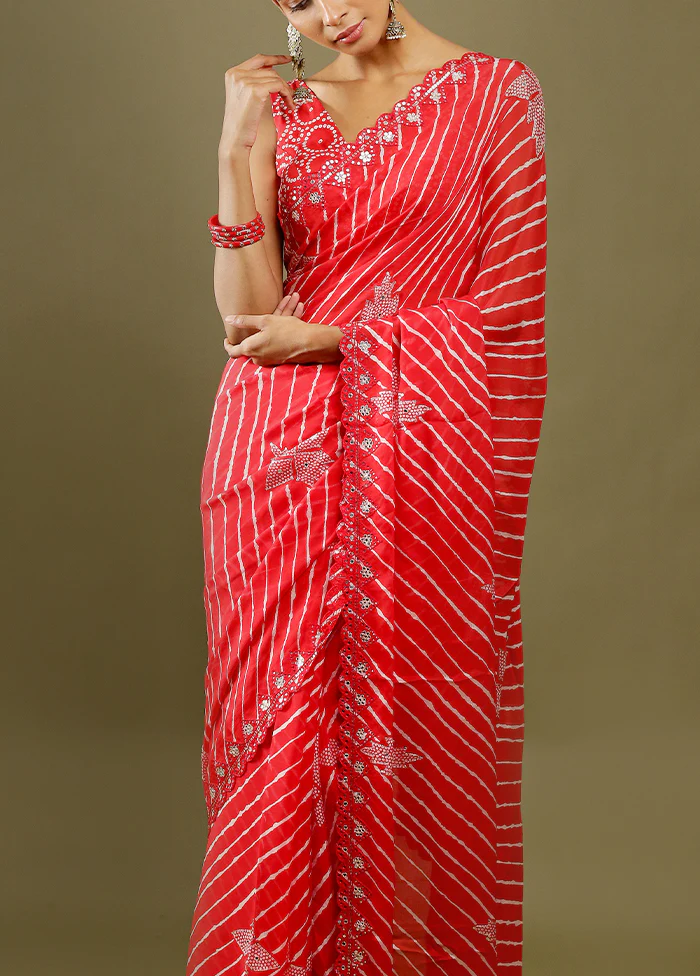 Red Handloom Chiffon Pure Silk Saree With Blouse Piece - Image 5