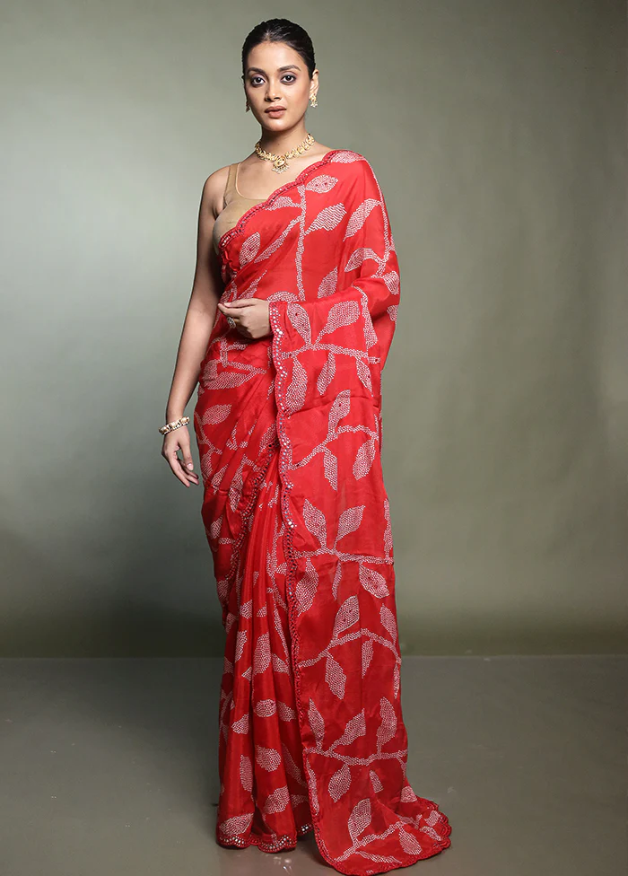 Red Handloom Chiffon Pure Silk Saree With Blouse Piece - Image 2