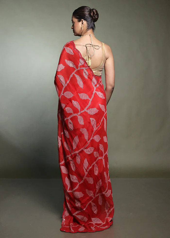 Red Handloom Chiffon Pure Silk Saree With Blouse Piece - Image 3