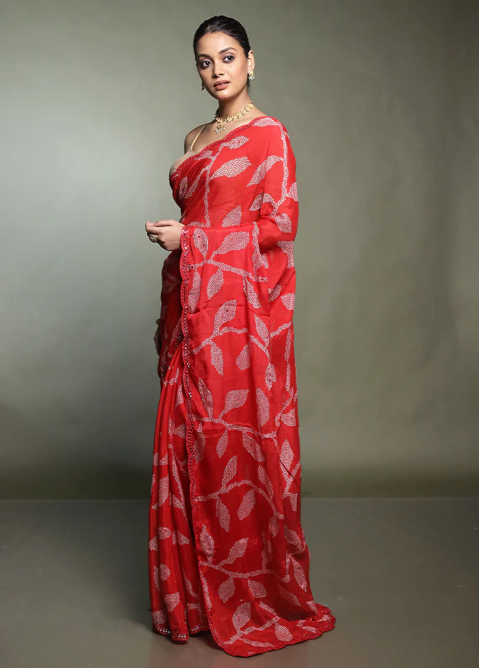 Red Handloom Chiffon Pure Silk Saree With Blouse Piece - Image 4