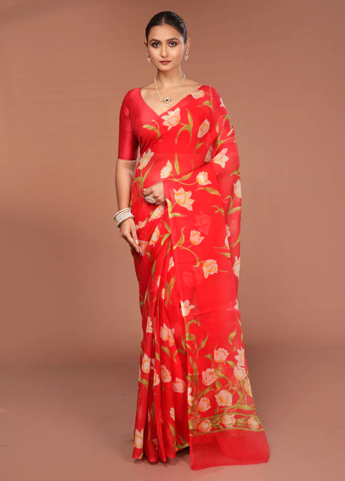 Red Handloom Chiffon Pure Silk Saree With Blouse Piece - Image 2