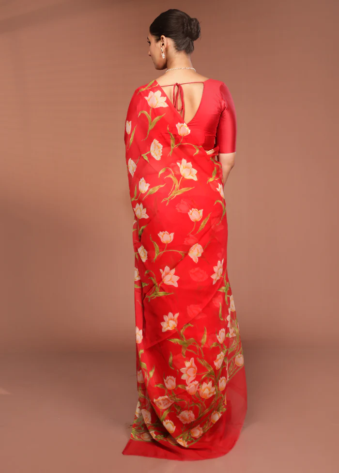 Red Handloom Chiffon Pure Silk Saree With Blouse Piece - Image 3