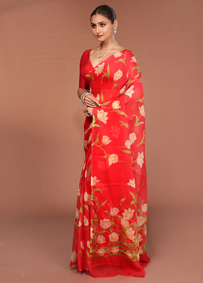 Red Handloom Chiffon Pure Silk Saree With Blouse Piece - Image 4
