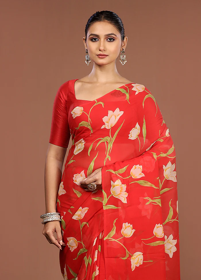 Red Handloom Chiffon Pure Silk Saree With Blouse Piece