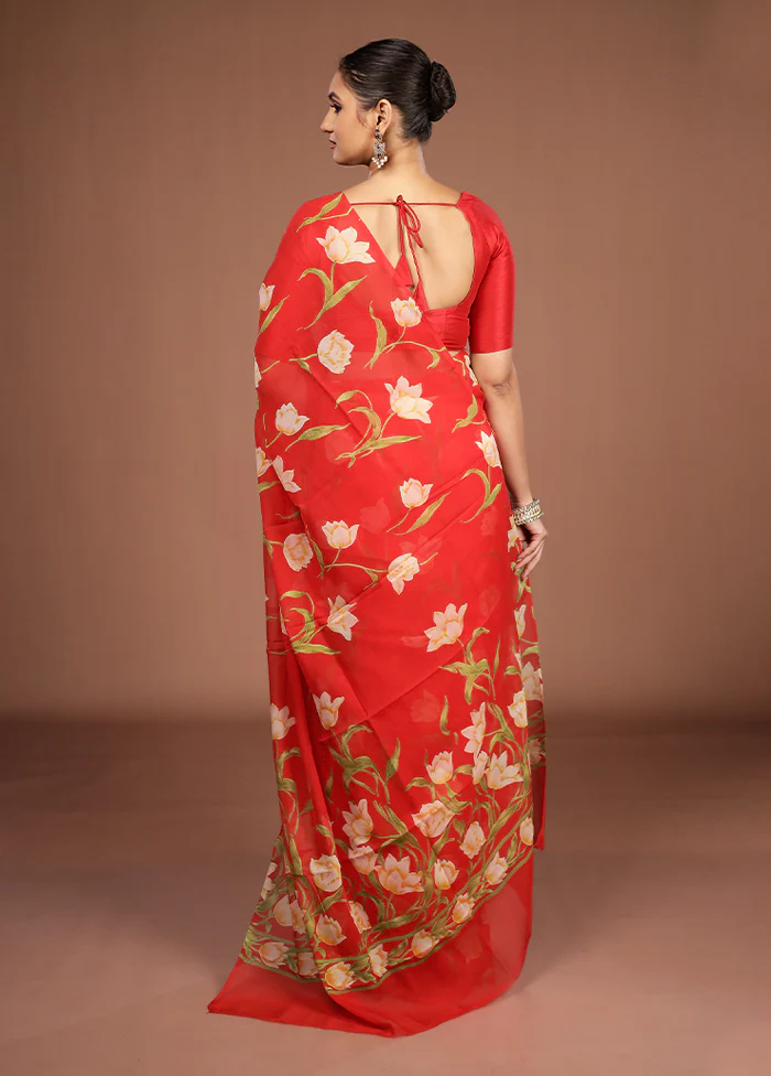 Red Handloom Chiffon Pure Silk Saree With Blouse Piece - Image 3