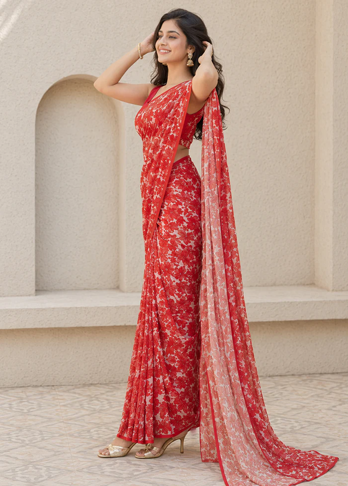 Red Handloom Chiffon Pure Silk Saree With Blouse Piece - Image 3