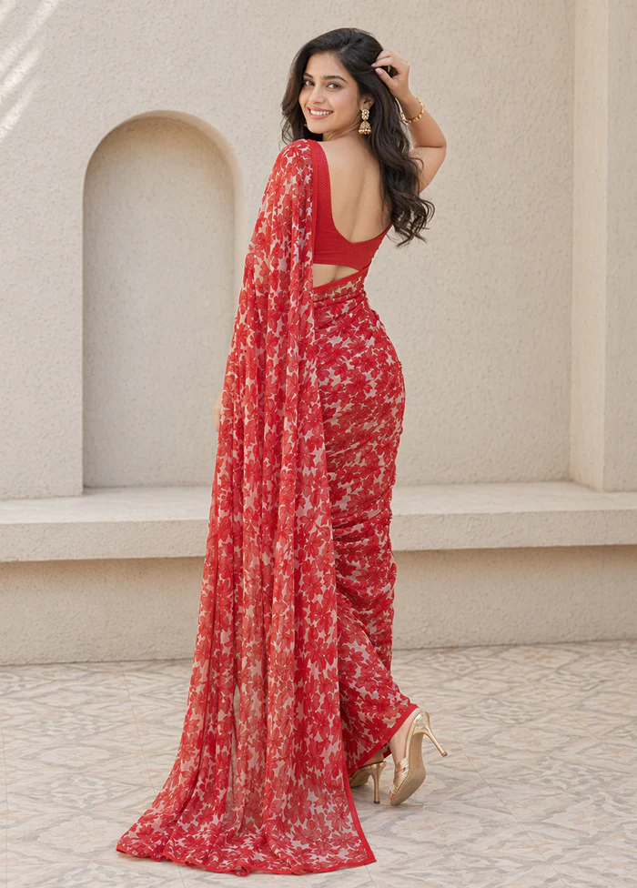 Red Handloom Chiffon Pure Silk Saree With Blouse Piece - Image 4