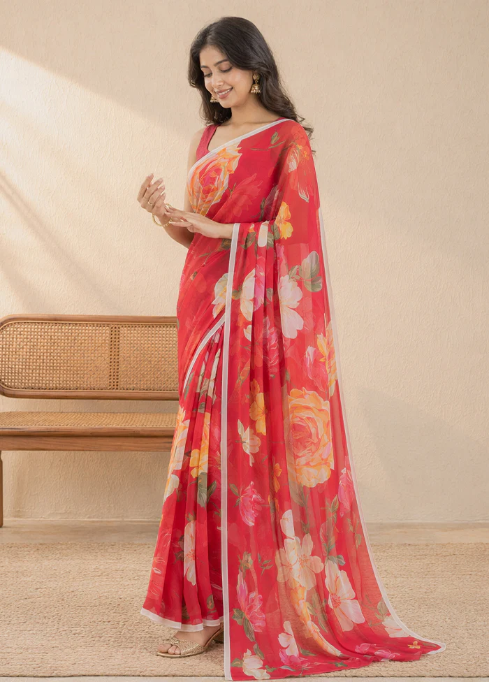 Red Handloom Chiffon Pure Silk Saree With Blouse Piece - Image 3