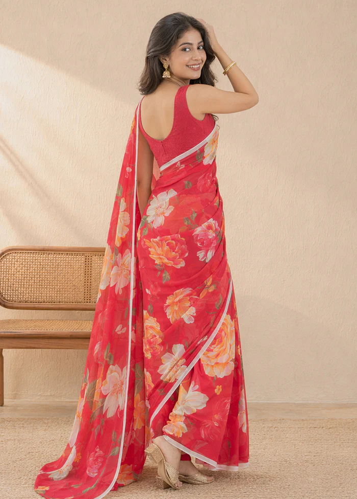 Red Handloom Chiffon Pure Silk Saree With Blouse Piece - Image 4