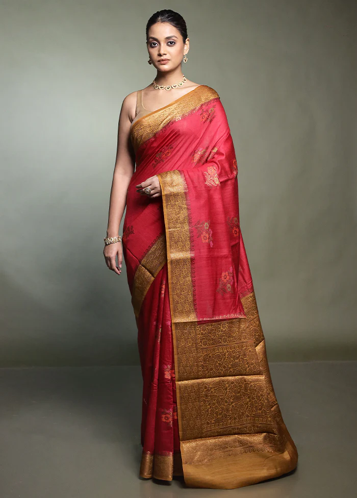 Red Handloom Dupion Pure Silk Saree With Blouse Piece - Image 2