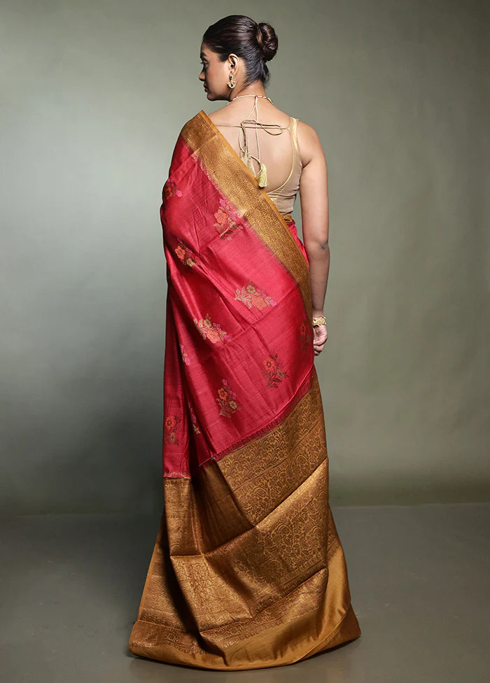 Red Handloom Dupion Pure Silk Saree With Blouse Piece - Image 3