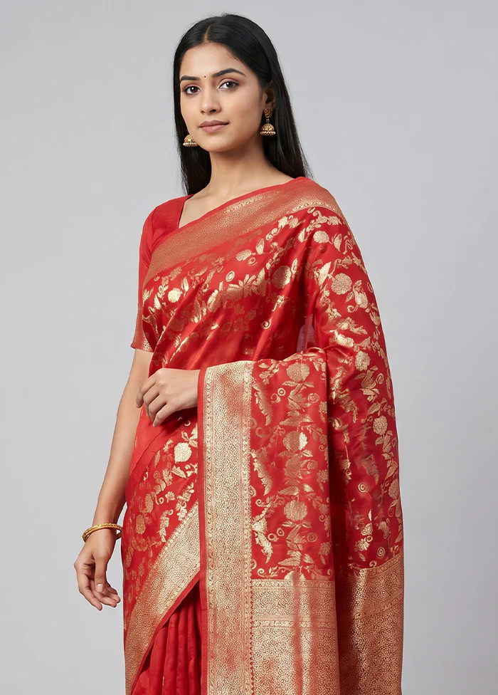 Red Handloom Dupion Pure Silk Saree With Blouse Piece - Image 2