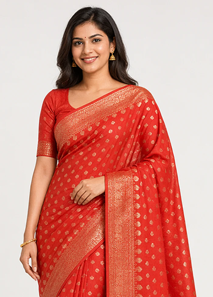 Red Handloom Dupion Pure Silk Saree With Blouse Piece - Image 2