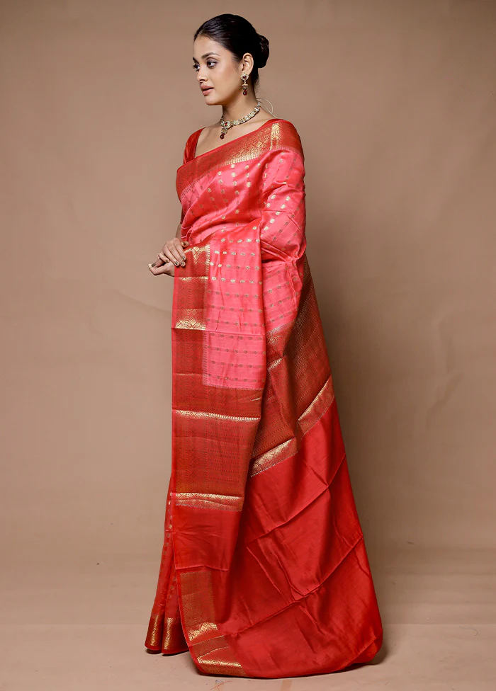 Red Handloom Dupion Pure Silk Saree With Blouse Piece - Image 4