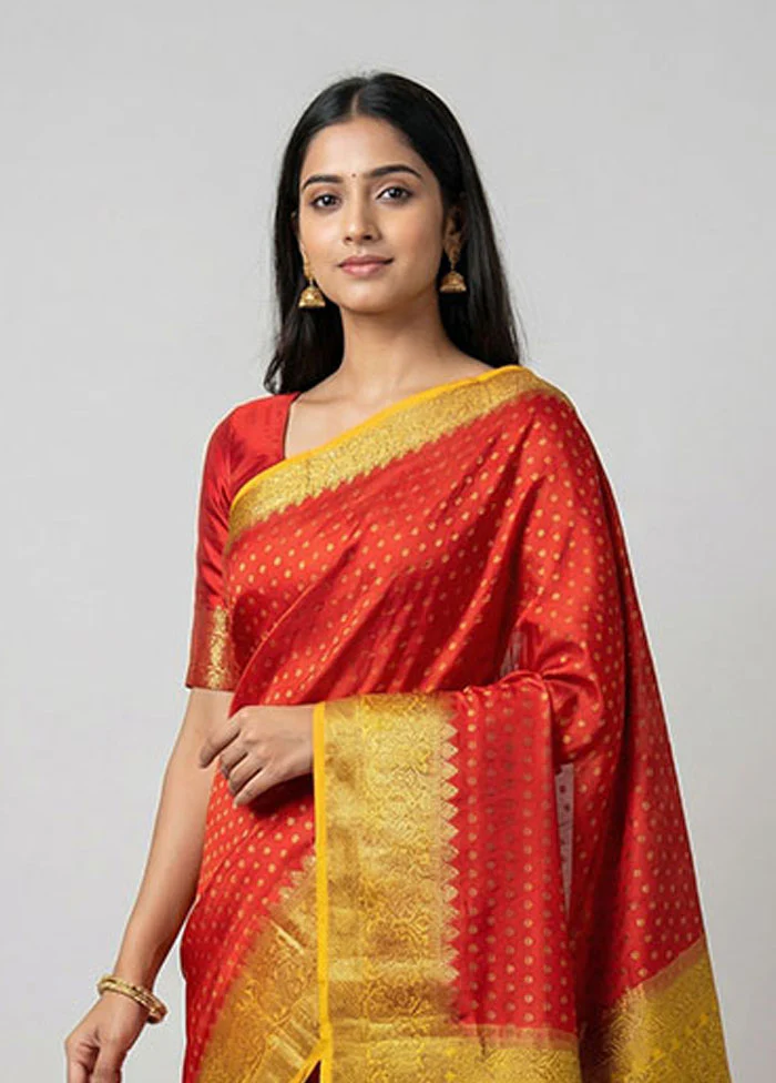 Red Handloom Dupion Pure Silk Saree With Blouse Piece - Image 2