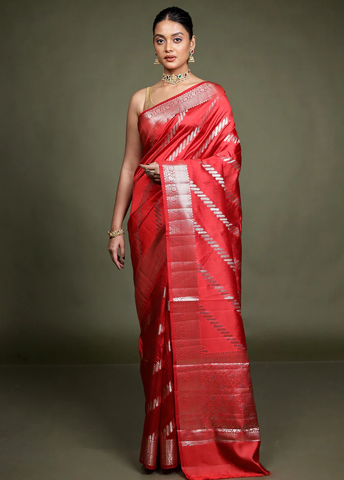 Red Handloom Dupion Pure Silk Saree With Blouse Piece - Image 2