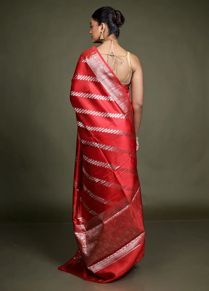 Red Handloom Dupion Pure Silk Saree With Blouse Piece - Image 3