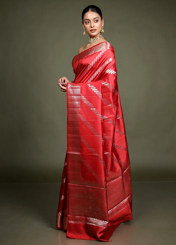 Red Handloom Dupion Pure Silk Saree With Blouse Piece - Image 4