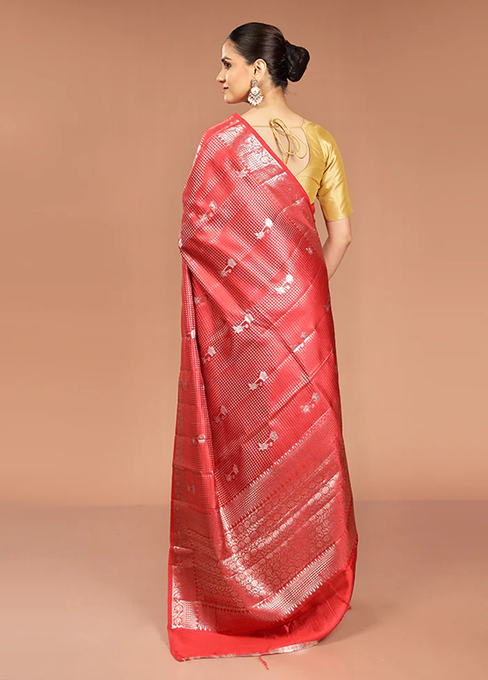 Red Handloom Dupion Pure Silk Saree With Blouse Piece - Image 3
