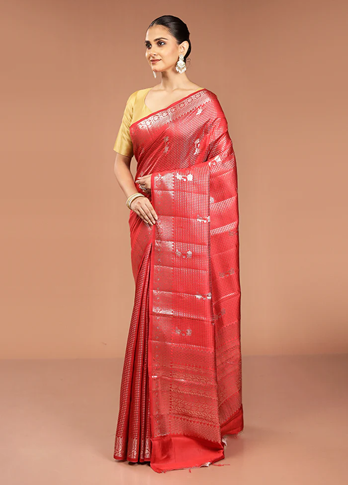 Red Handloom Dupion Pure Silk Saree With Blouse Piece - Image 4