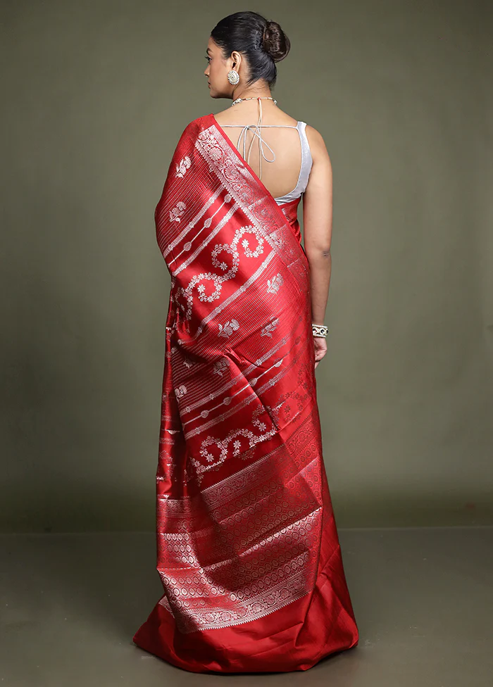 Red Handloom Dupion Pure Silk Saree With Blouse Piece - Image 3