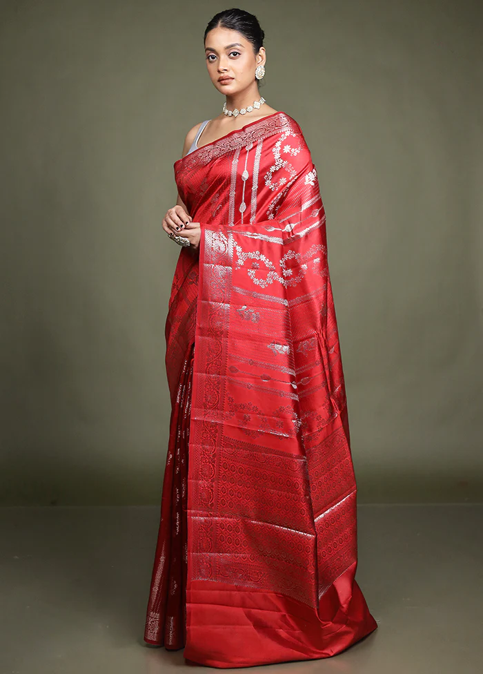 Red Handloom Dupion Pure Silk Saree With Blouse Piece - Image 4