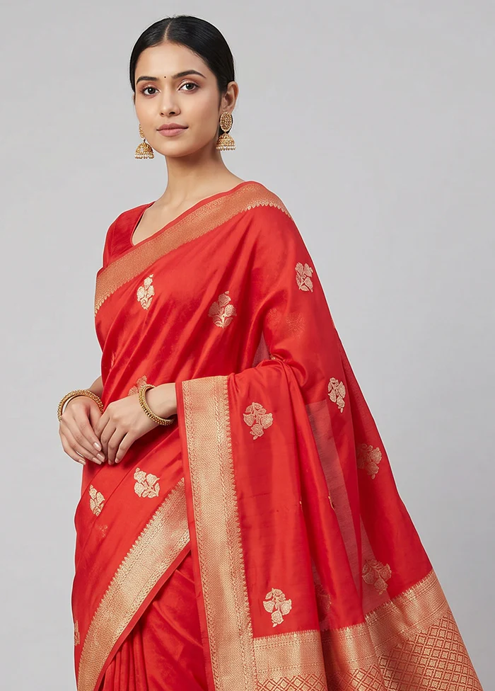 Red Handloom Dupion Pure Silk Saree With Blouse Piece - Image 2