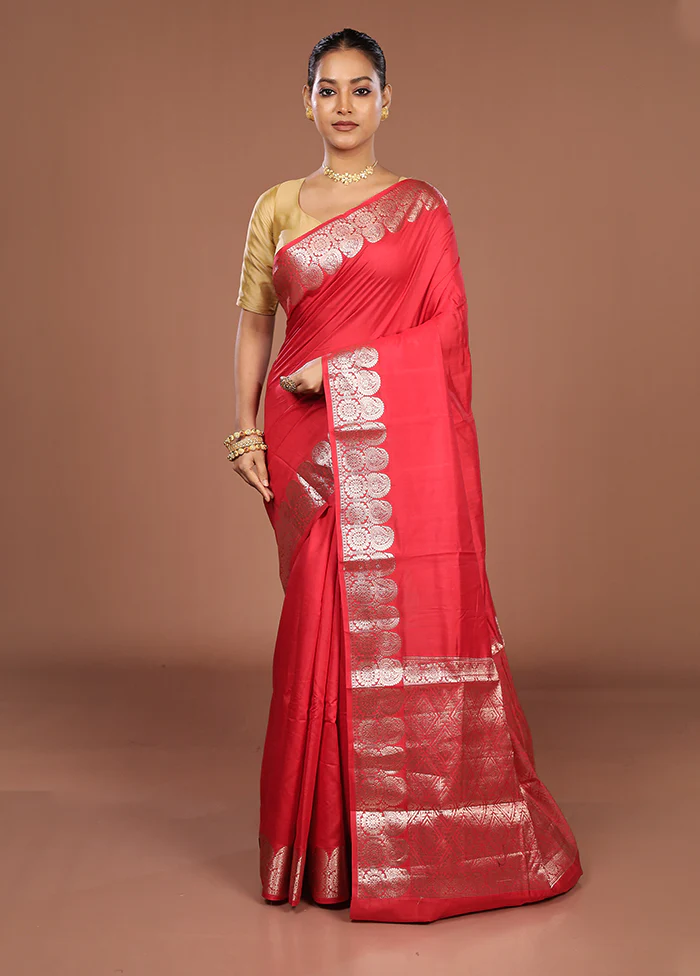 Red Handloom Dupion Pure Silk Saree With Blouse Piece - Image 2